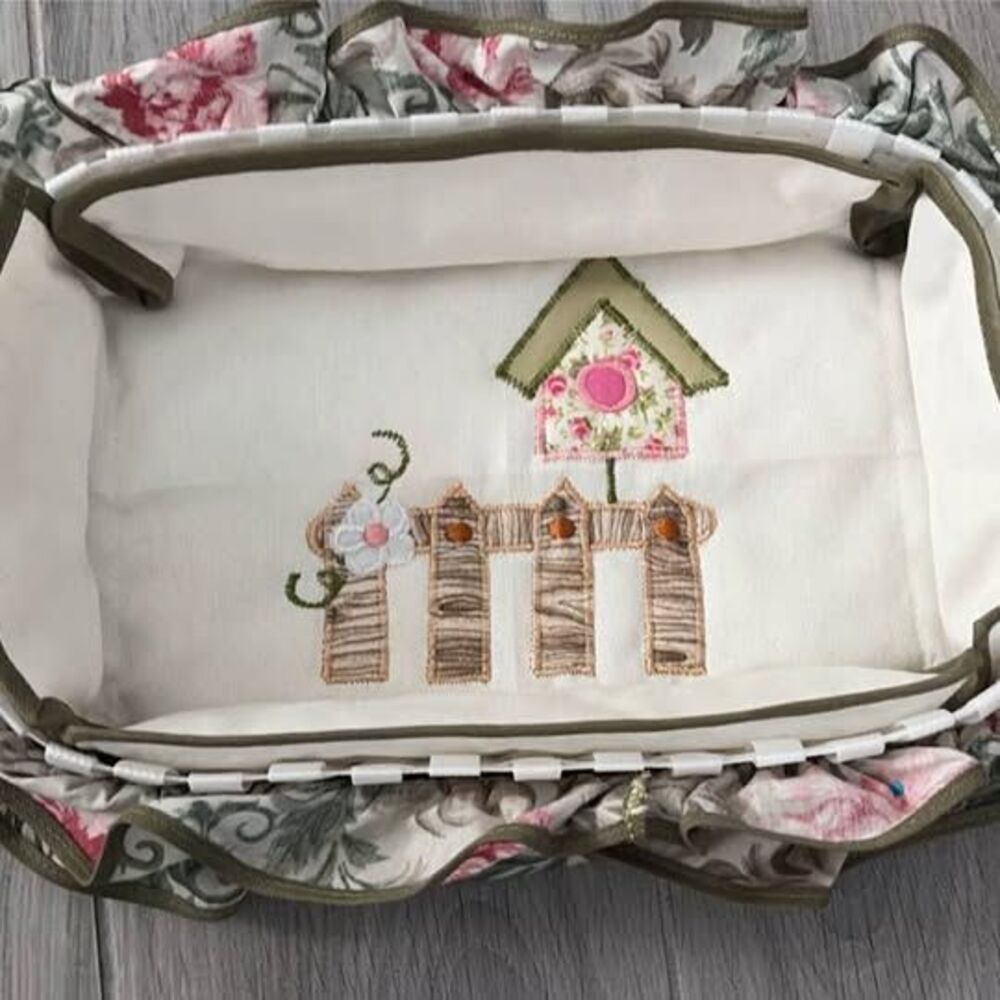 Vintage Floral Woven Basket with Embroidered Birdhouse Garden Liner Cottage